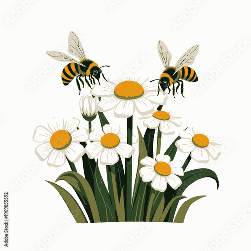 Illustration of two bees hovering over blooming daisies with vibrant petals and lush green leaves, showcasing a lively garden scene abundant with pollinators
