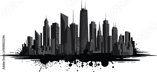 Abstract black city skyline silhouette with grunge ink splatter effects illustrating modern urban architecture and artistic metropolitan landscape concept