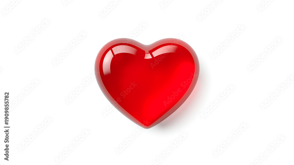Fototapeta premium A glossy red heart-shaped object is presented on a pure white background. The heart features a smooth, reflective surface resembling glass or gel, with soft highlights and subtle internal reflections.