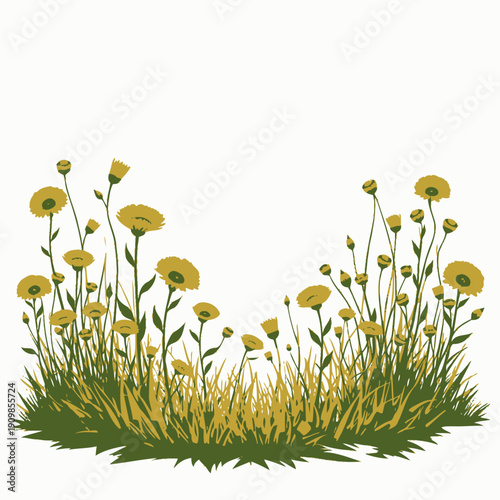 Vibrant Wildflowers Blooming Amidst Fresh Green Grass Against a Clear White Background Showcasing Nature's Lively and Colorful Spring Floral Scene