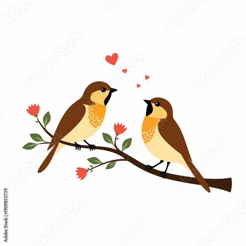Charming Illustration of Two Birds in a Heartfelt Moment on a Flowered Branch with Love Symbols in Soft, Warm Colors Against a Clean White Background