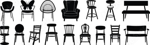 Set of black furniture icons featuring various chairs armchairs stools and benches for interior design and home decoration vector elements