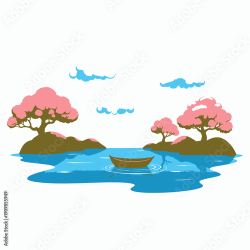 Serene Boat in Tranquil Lake Surrounded by Blossoming Trees and Fluffy Clouds in a Picturesque and Peaceful Natural Landscape Illustration