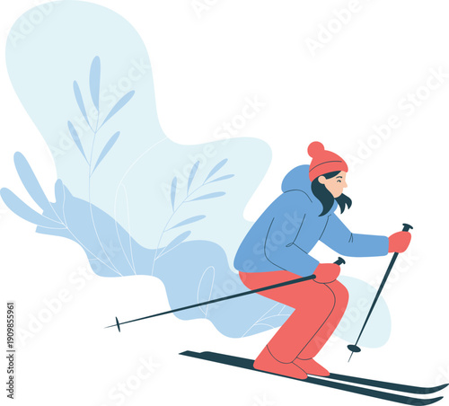 Happy young woman skiing downhill on snowy mountain slope with abstract winter nature background for holiday vacation concept