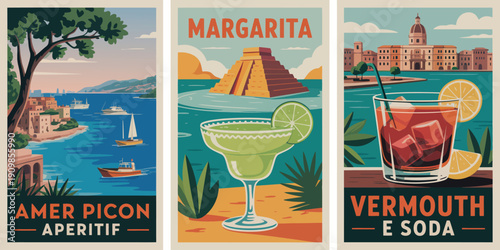 Cocktail poster, vibrant Margarita cocktail with lime garnish and AMER PICON APERITIF text in bold colors