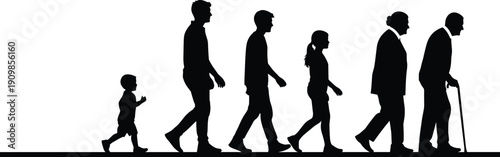 Silhouette showing human life cycle stages from child to adult to elderly person illustrating aging process and generation concept vector design