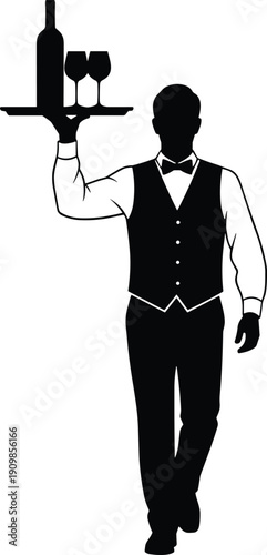 Black silhouette of professional waiter carrying tray with wine bottle and glasses for restaurant service and hospitality industry concept vector illustration