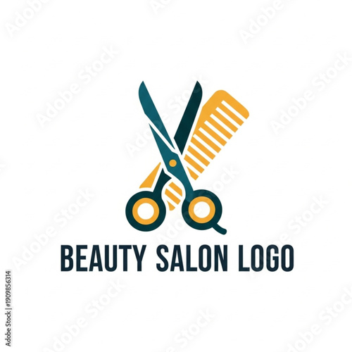Modern graphic logo for a beauty salon featuring crossed scissors and a comb in blue, yellow, and dark blue colors.