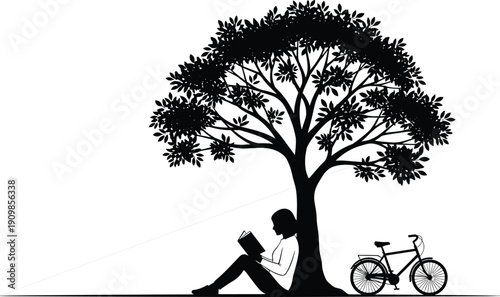 Silhouette of woman reading book sitting under large tree with bicycle parked nearby for education and relaxation nature concept