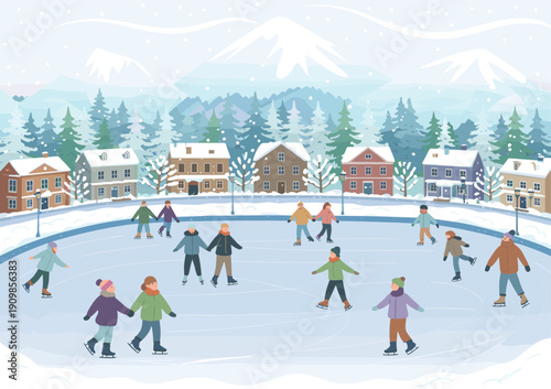 Happy people ice skating on frozen village pond with snowy houses and mountains winter landscape vector illustration for holiday season design