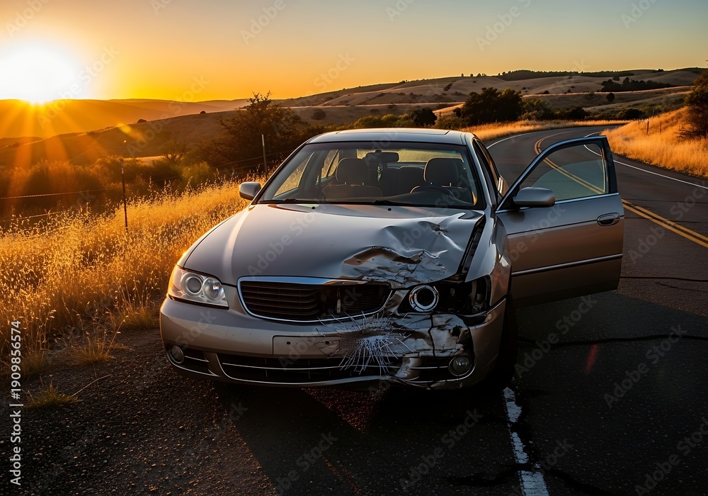 Naklejka premium Damaged car on roadside at sunset with open door