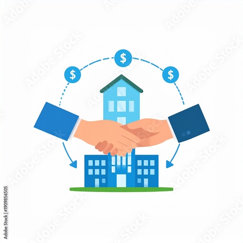 Real estate investment concept with hands holding house and dollar signs in circular flow