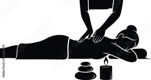 Black silhouette of woman receiving back massage therapy in spa salon with stones and candle for relaxation and wellness treatment concept