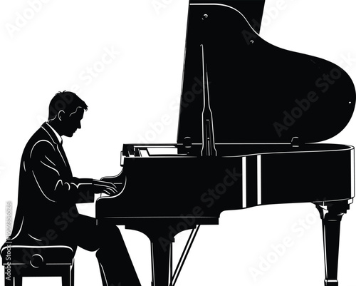 Black and white silhouette of a professional male pianist playing a grand piano during a classical music concert performance