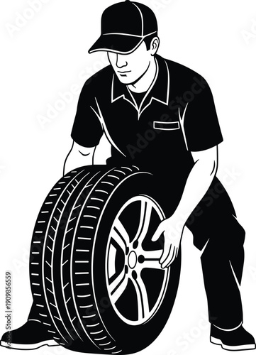 Black and white illustration of a mechanic man in uniform rolling a new car tire for replacement service