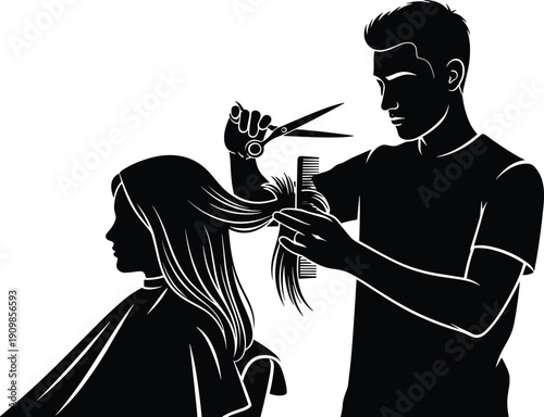 Black and white silhouette of a male hairdresser cutting long hair of a female client in a beauty salon
