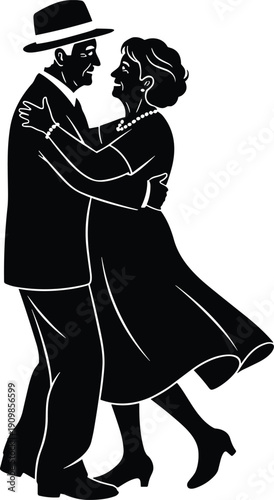 Black and white silhouette of a happy elderly couple dancing waltz together holding each other in romantic embrace