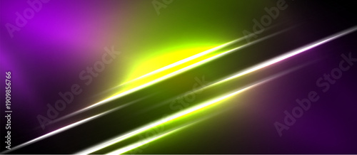 Abstract gradients, vibrant colors, diagonal lines create dynamic visual effect. Brightness contrasts with dark background.