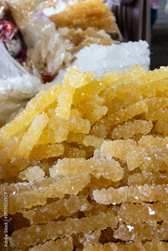 Close-up of pieces of caramelized sugar for sale, Chorsu Bazaar, Tashkent, Uzbekistan