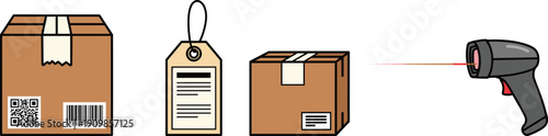 Illustration of cardboard boxes with barcodes, shipping tag, and handheld scanner showing package tracking and inventory management