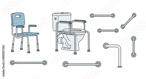 Comprehensive collection of bathroom safety aids, including shower chairs, toilet frames, and grab bars for