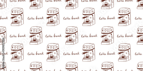 Vector seamless pattern with hand drawn coffee machine elements on white background. Cute sketchy espresso maker print for cafe menu, mug wrap, apron fabric, packaging,trendy coffee lover design.