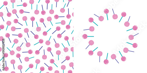 Candy, Round frame with space for text and seamless pattern. Lollipops, caramel, dessert. The sweetest day. Day of sweets. Food, sweets. Confectionery. Postcard, banner, wallpaper, backgrounds.