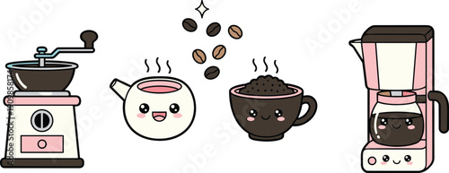 Cute Kawaii Coffee Grinder, Teapot, Coffee Cup and Coffee Maker Illustration Keywords: kawaii, coffee, grinder, teapot, coffee