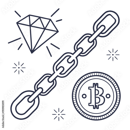 A chain with a diamond and a bitcoin coin