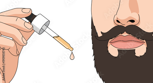 Close-up cartoon illustration of a hand carefully holding a dropper, applying nourishing oil to a man's well-groomed