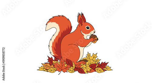 An adorable cartoon red squirrel illustration with a bushy tail, holding an acorn amidst a vibrant pile of colorful