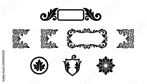 Classic black ornament collection including heraldic shield, round leaf icon, floral rosette, and swirly frame borders for graphic design projects