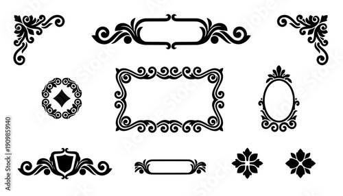 Antique black swirl decoration kit featuring oval mirror frame, corner border, heraldic shield, and floral icons for design