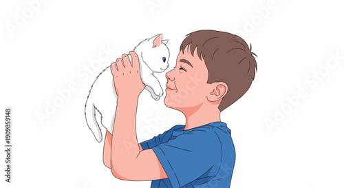 Joyful young boy with short brown hair holding and nuzzling a fluffy white kitten against his face, expressing pure