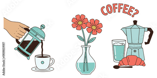 Hand pouring coffee from French press with flowers croissant and moka pot Keywords: coffee, french, press, pouring, cup, saucer