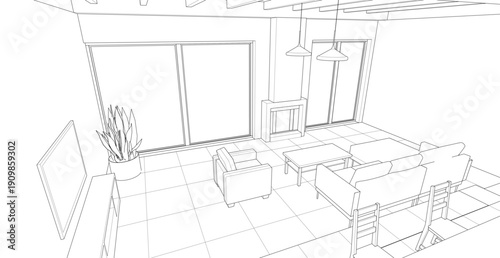  housing interior kitchen living room 3d illustration