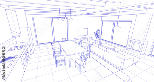  housing interior kitchen living room 3d illustration