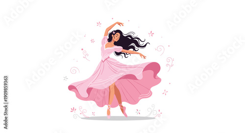 Beautiful stylized illustration of a woman with long wavy dark hair dancing ballet in a delicate pink off-the-shoulder