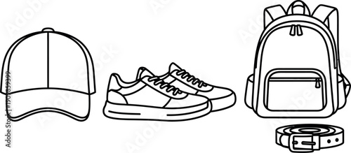 Outline collection of essential men's casual accessories including a baseball cap, a pair of trendy sneakers, a rolled belt, and a practical backpack for daily use or travel.