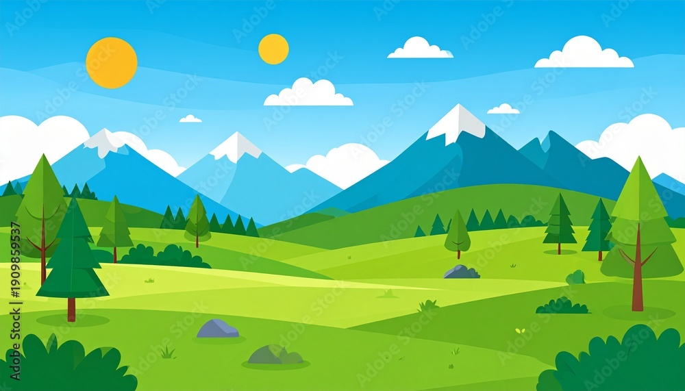 Fototapeta premium Scenic mountain landscape with hot air balloons flying over green valley and blue sky
