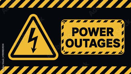Power Outages warning sign vector with lightning bolt icon and yellow black striped border, dark background