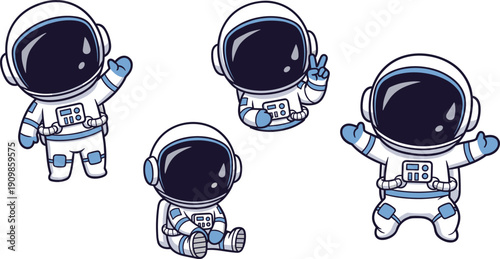 Cartoon astronauts in playful poses waving, peace sign, sitting cross-legged, and cheering, vector illustration for space exploration, children’s media 