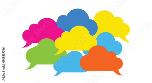 A vibrant collection of overlapping and distinct colorful speech bubbles, symbolizing diverse communication, lively