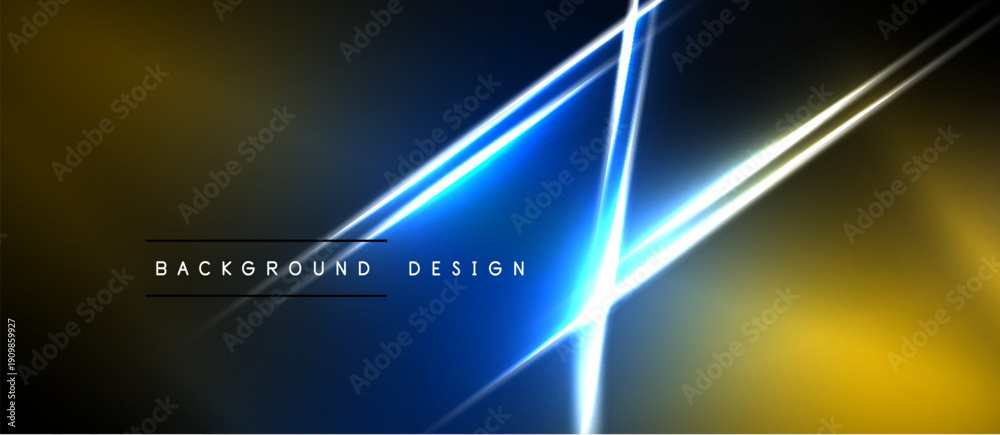 Naklejka premium Abstract neon lines intersect over dark blue, gold gradients. Modern design element for digital projects. Minimalist aesthetic.