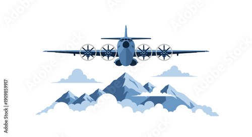 A robust propeller airplane majestically soaring over rugged, snow-capped mountains amidst fluffy clouds, showcasing