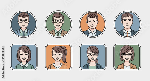 Set of Professional Business Avatar Portraits in Retro Flat Design Style
