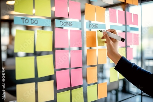 business person write on sticky note board with categories of task priority