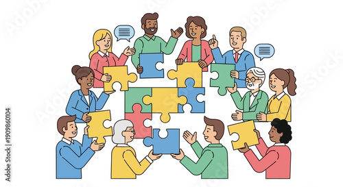 Diverse Team Connecting Puzzle Pieces in Collaborative Teamwork Concept Illustration
