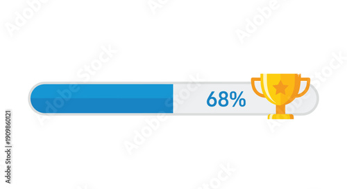 Progress bar illustration showing 68 percent completion with a golden trophy, symbolizing achievement and success in a