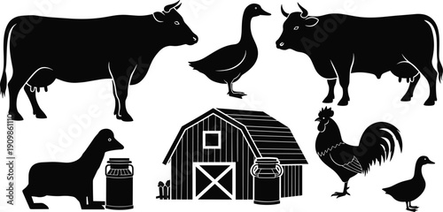 Farm animal and barn silhouette icon set with cows, sheep, goose, duck, rooster, and milk cans in black.